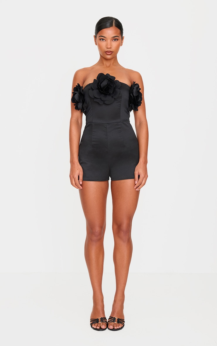 Black Satin Floral Corsage Detail Bandeau Romper image 2