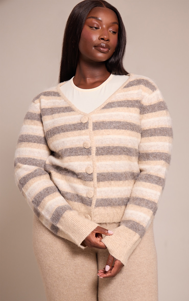 Plus Beige Striped Brushed V Neck Covered Button Knitted Cardigan