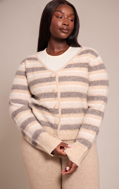 Plus Beige Striped Brushed V Neck Covered Button Knitted Cardigan
