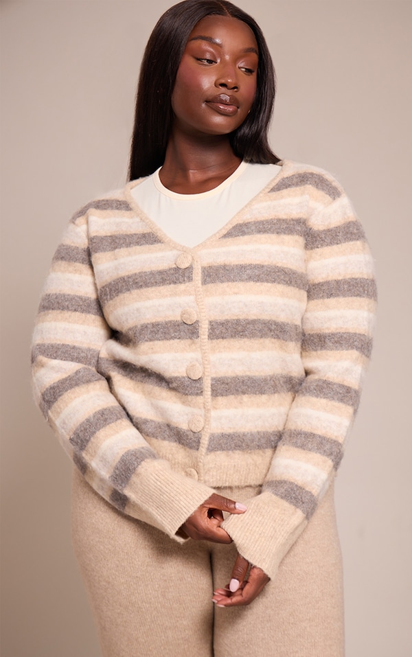Plus Beige Striped Brushed V Neck Covered Button Knitted Cardigan