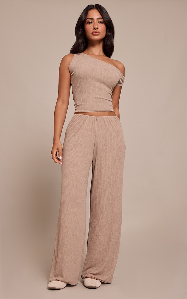 Petite Taupe Sheer Textured Wide Leg Pants