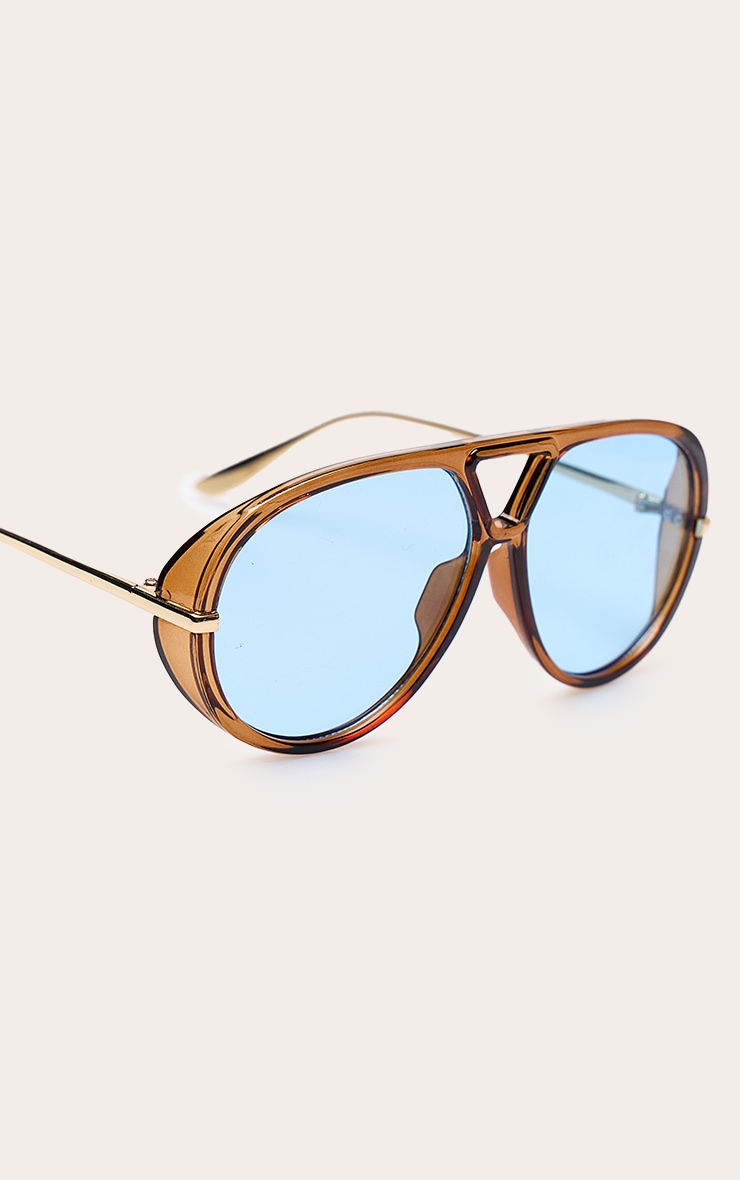 Brown Frame Blue Lens Aviator Sunglasses image 3