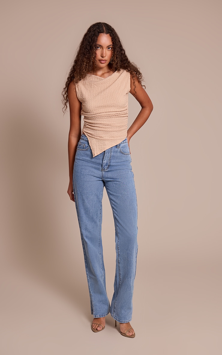  Tall Stone Textured Slouchy Dip Hem Off Shoulder Top image 3