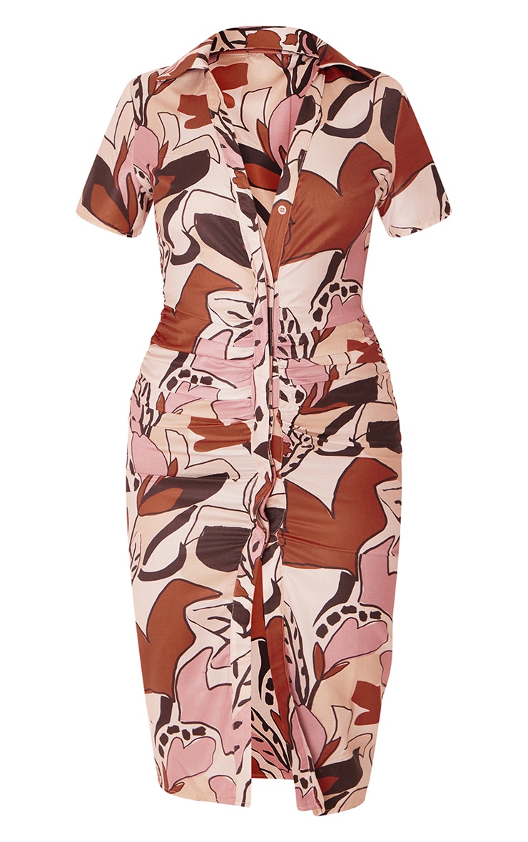 Multi Abstract Print Ruched Short Sleeve Midi Shirt Dress image 5