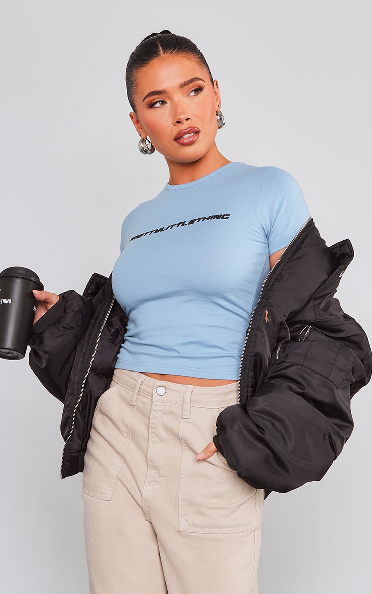 PRETTYLITTLETHING Dusty Blue Puff Print Fitted T Shirt image 1