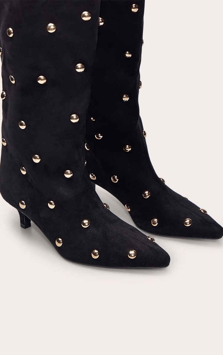 Black Suede Gold Bubble Stud Kitten Heeled Boots image 5