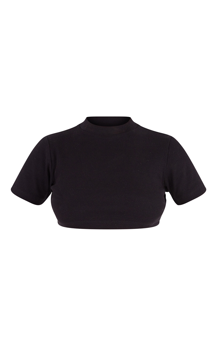 Black Heavy Rib High Neck Short Sleeve Crop Top image 5