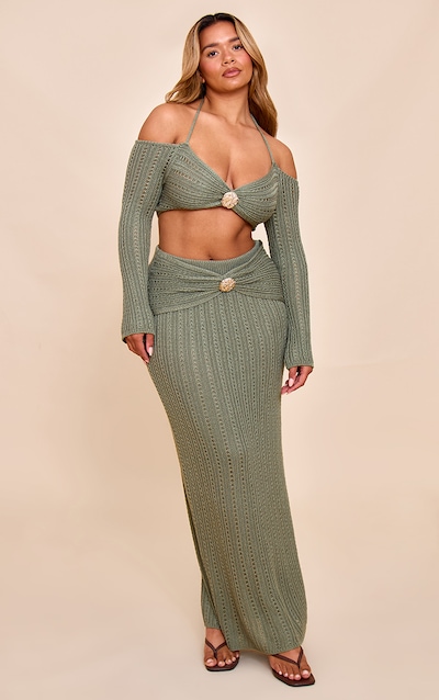 Shape Khaki Crochet Gold Hammered Trim Maxi Skirt