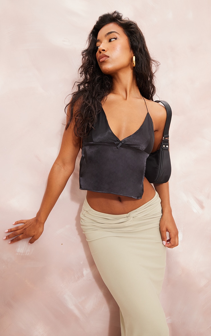 Black Satin Spaghetti Strap Bow Detail Cami Top image 1