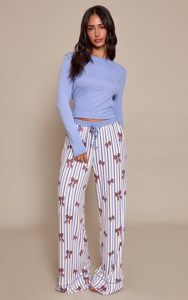 Petite Blue Jersey Fitted Long Sleeve Top and Christmas Pant PJ Set