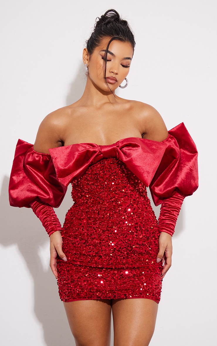 Red Sequin Velvet Bow Detail Bardot Bodycon Dress image 1