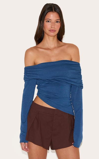 Petrol Blue Contour Jersey Fold Over Detail Bardot Long Sleeve Top