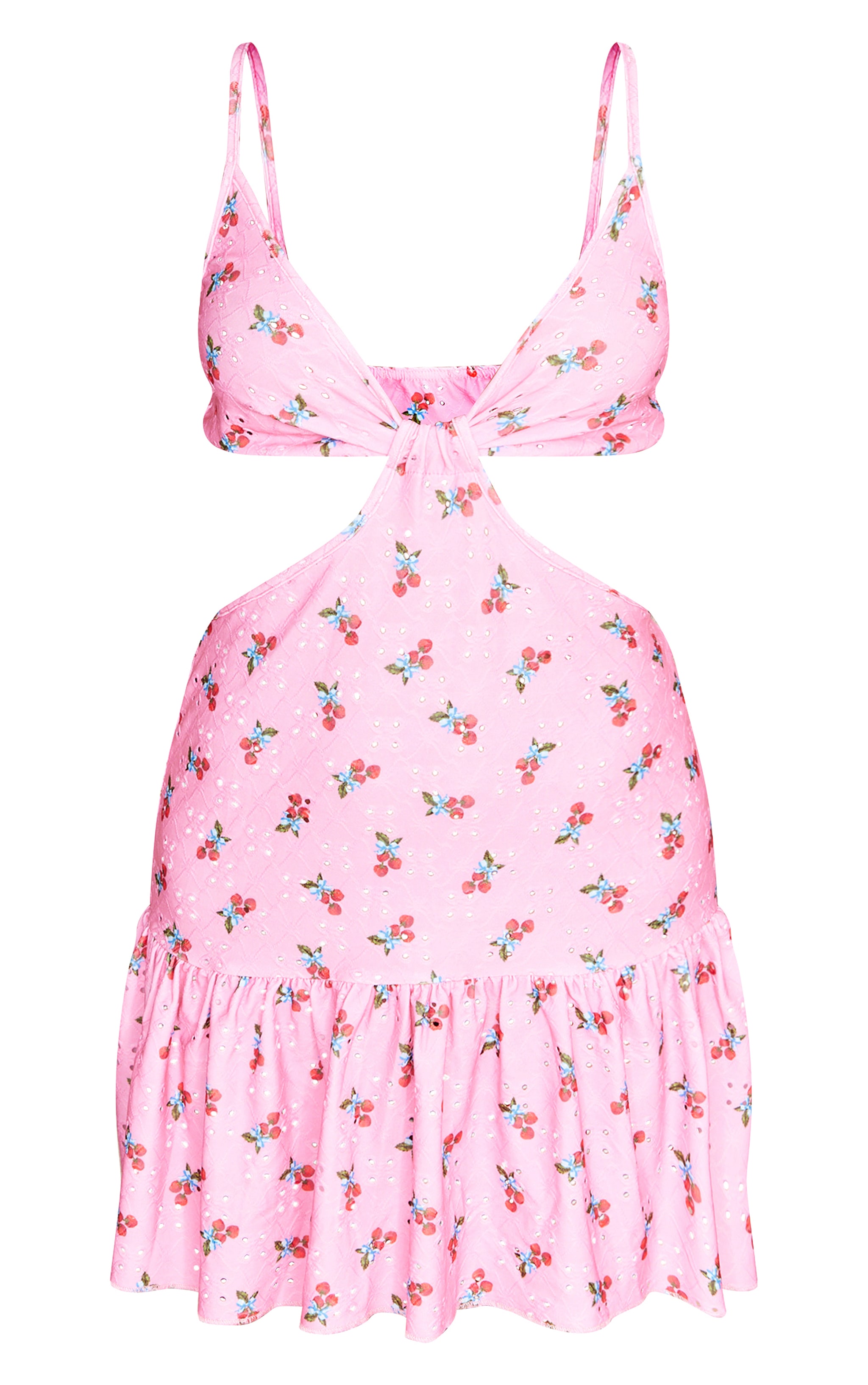 Pink Strawberry Printed Broderie Cut Out Frill Shift Dress image 1