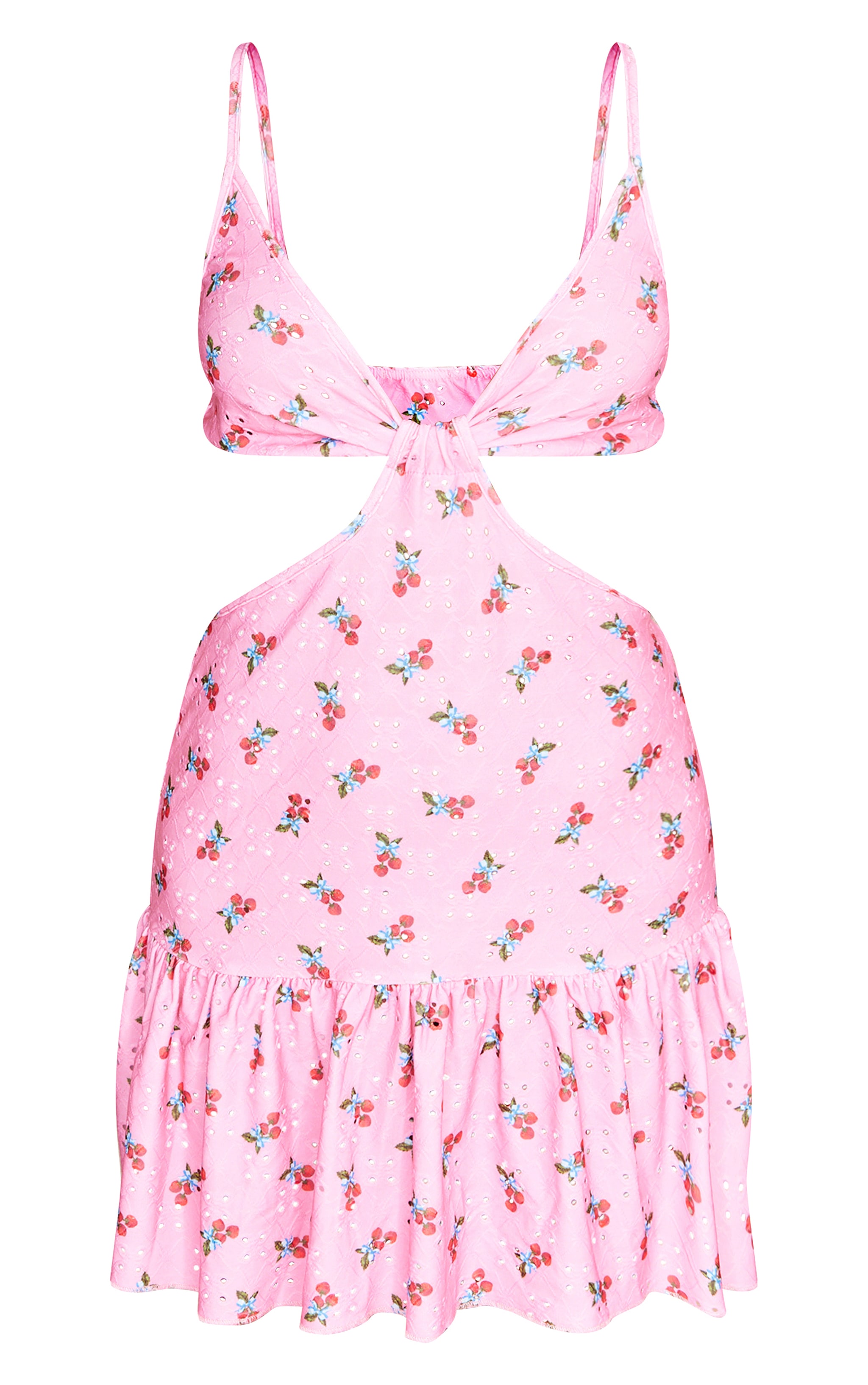 Pink Strawberry Printed Broderie Cut Out Frill Shift Dress image 5