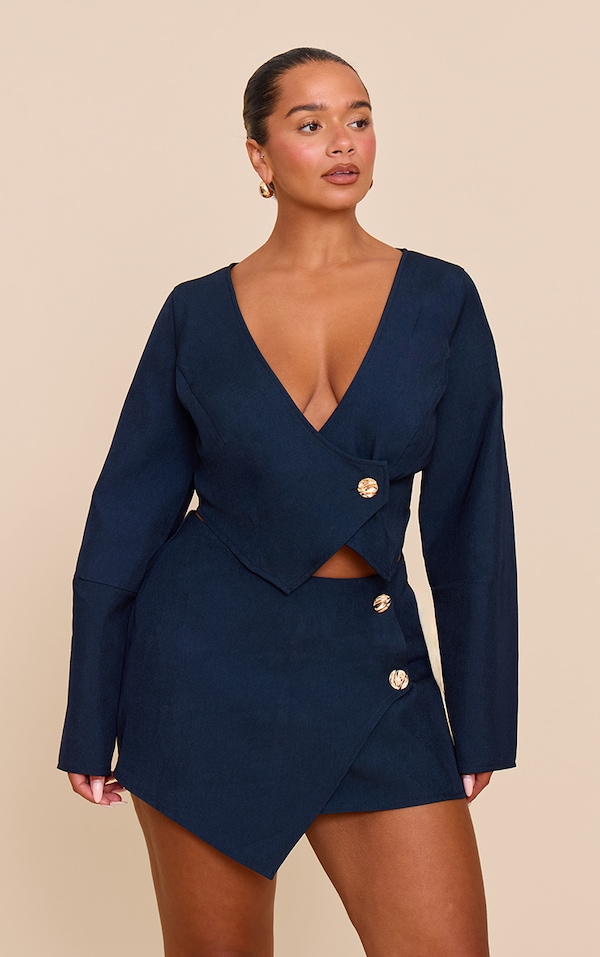 Shape navy Asymmetrical Hammered Button Blazer