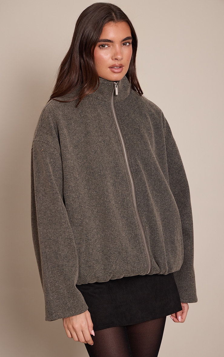 Charcoal Funnel Neck Ruched Sleeve Wool Bomber