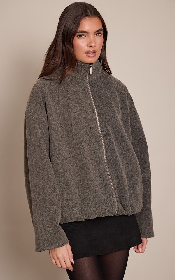 Charcoal Funnel Neck Ruched Sleeve Wool Bomber