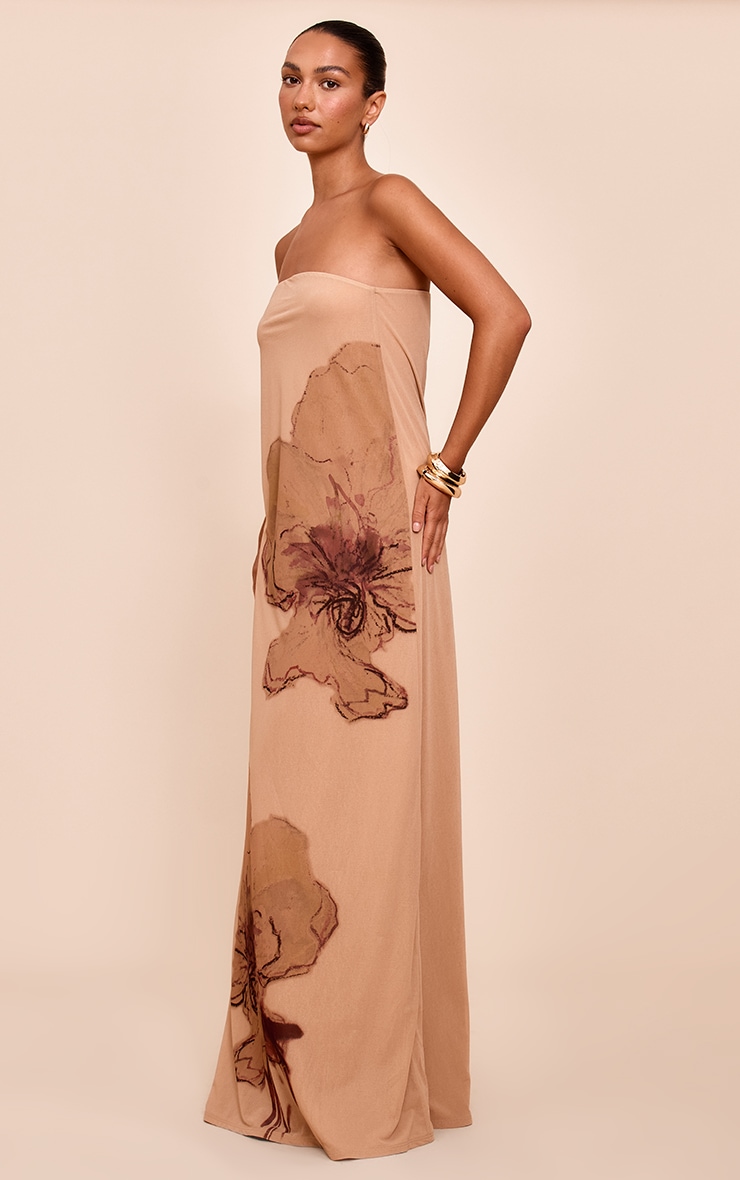 Beige Floral Printed Double Layered Bandeau Colum Dress image 3