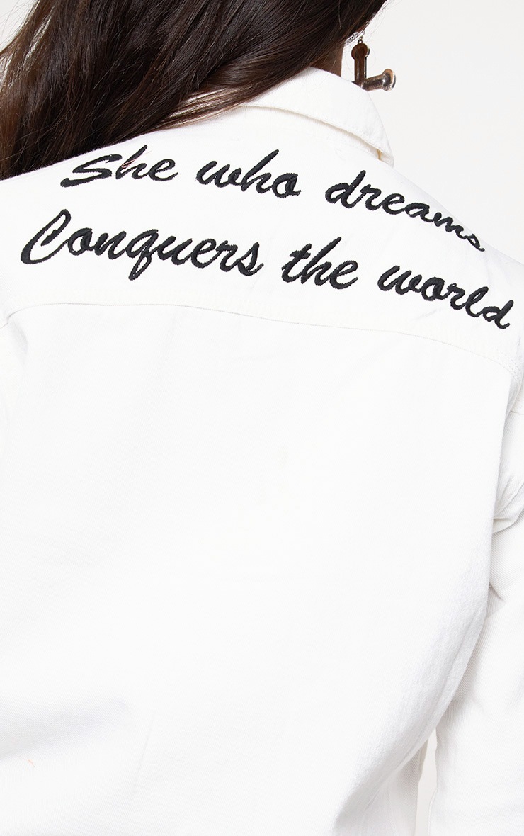 White She Who Dreams Slogan Denim Jacket. Coats & Jackets