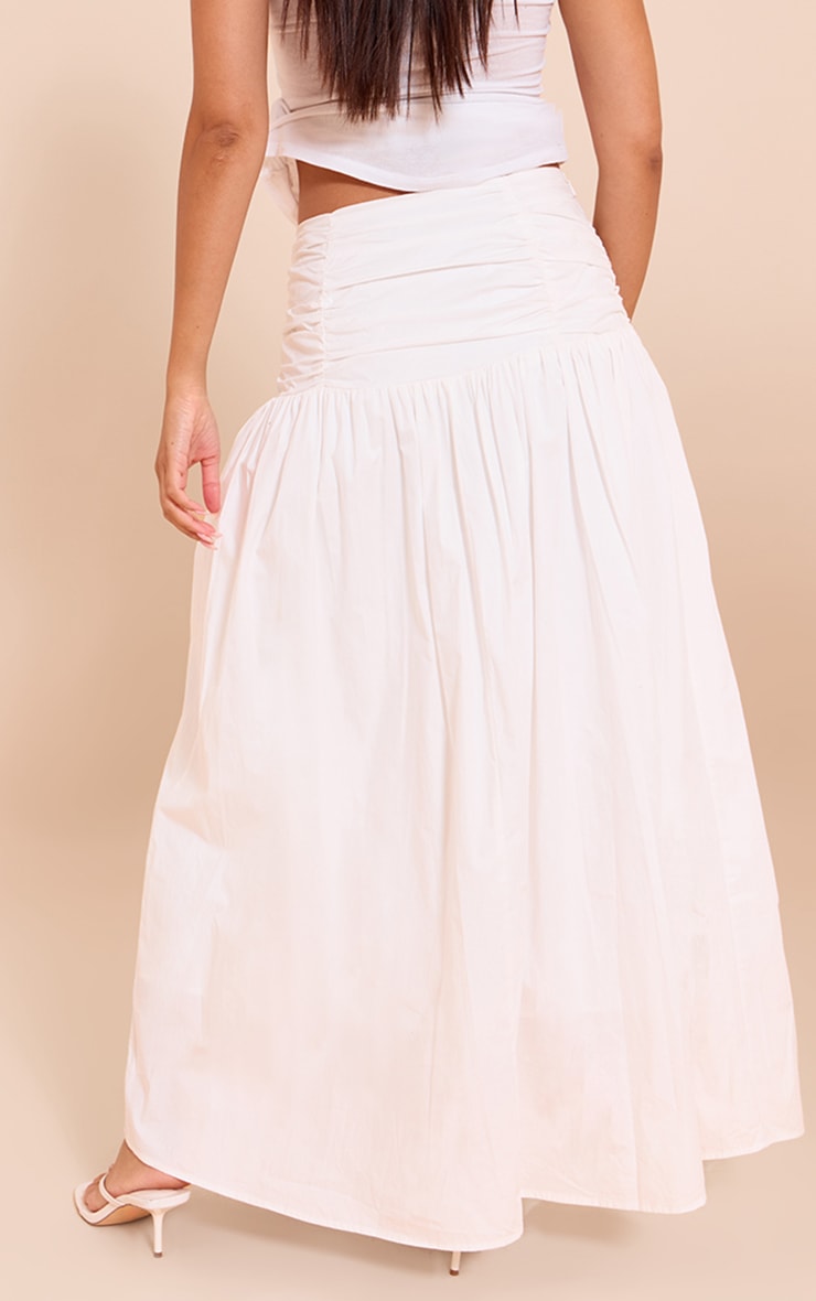 White Cotton Poplin Ruched Dropped Waist Maxi Skirt image 3