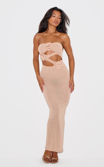 Champagne Sheer Glitter Knit Cut Out Corsage Bandeau Maxi Dress