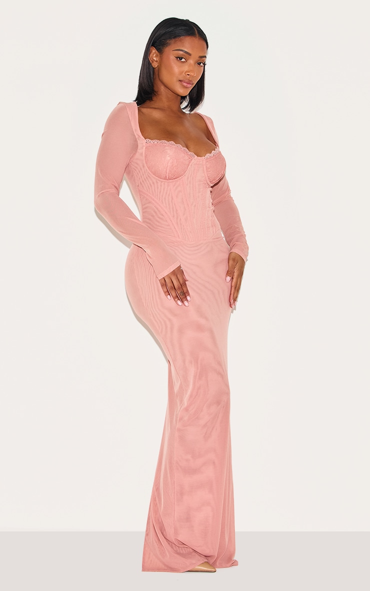 Shape Peach Mesh Lace Insert Corseted Maxi Dress | Shape