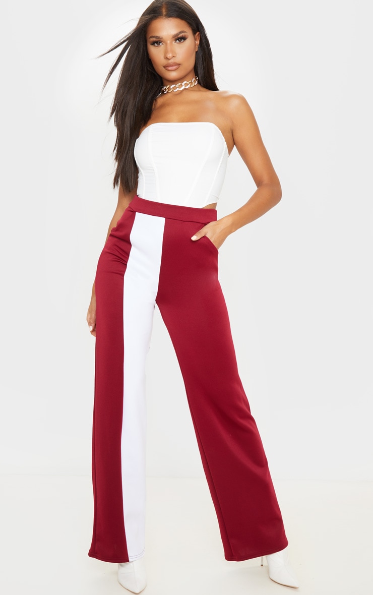 Wine Scuba Contrast Panel Wide Leg Pants
