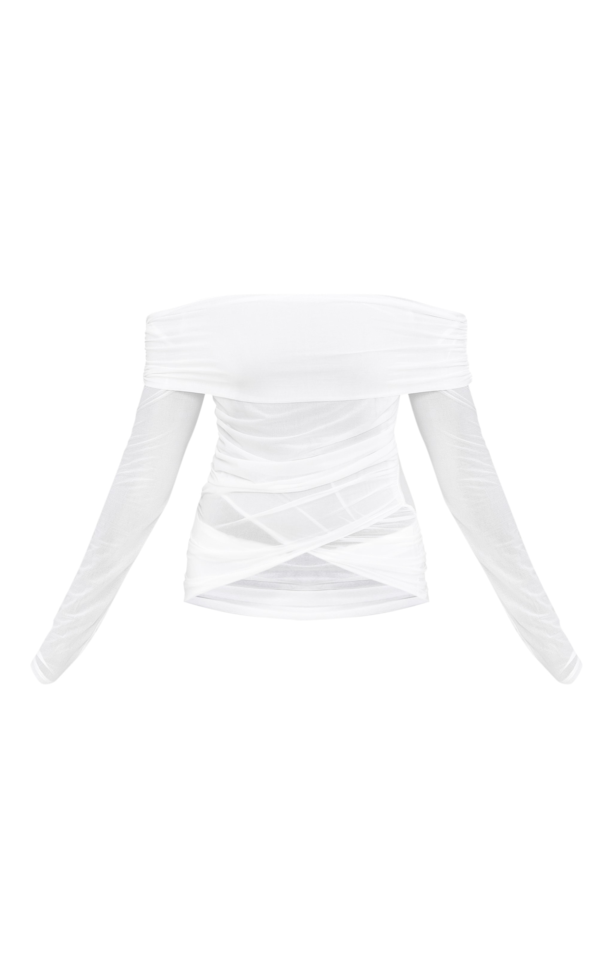 Cream Stretch Chiffon Ruching Bardot Detail Long Sleeve Top image 5