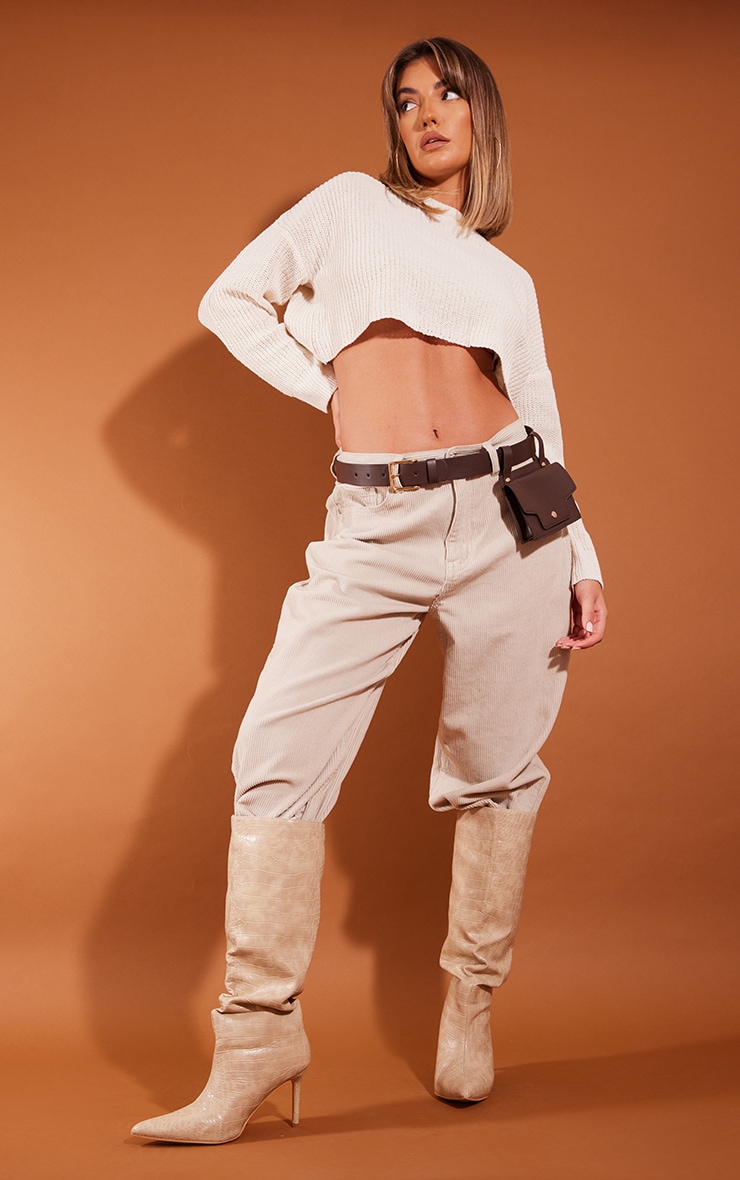 Cream Basic Crew Neck Crop Sweater image 3