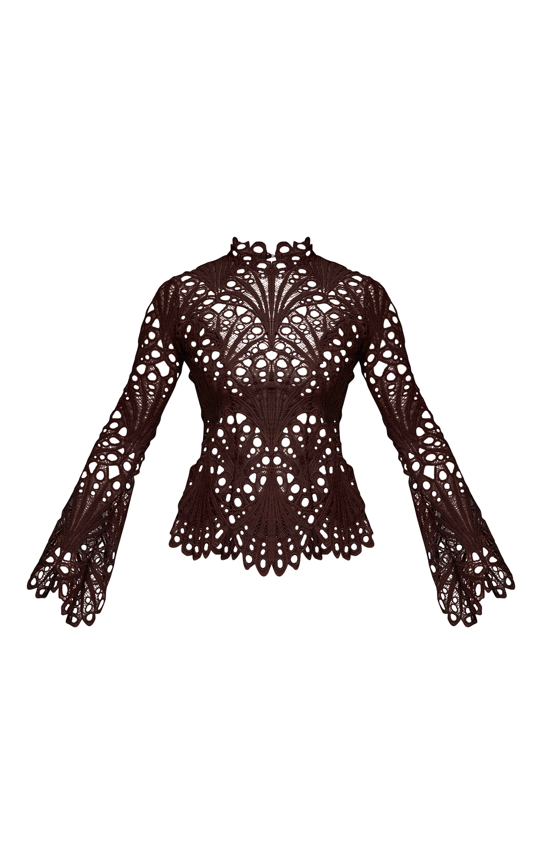 Chemise en dentelle marron foncé fleurie à manches longues image 5