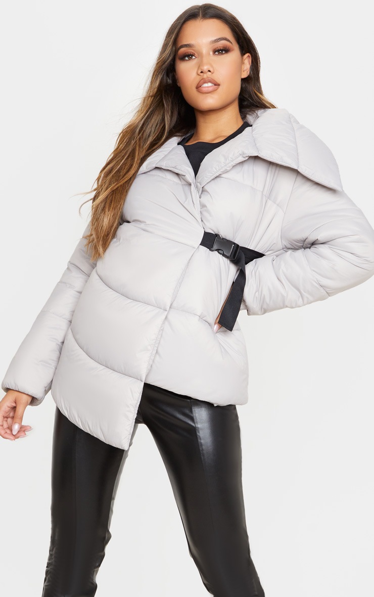 Grey Side Buckle Puffer Jacket