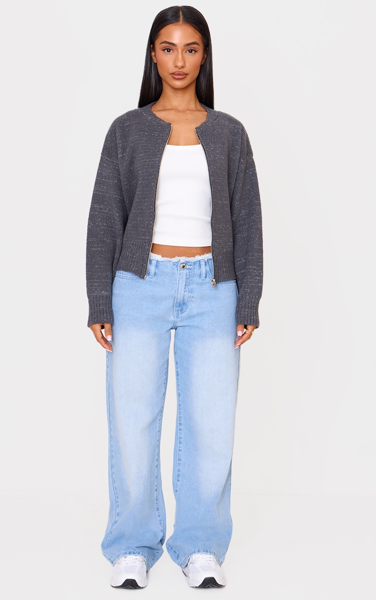 Petite Charcoal Knitted Zip Up Cardigan image 3