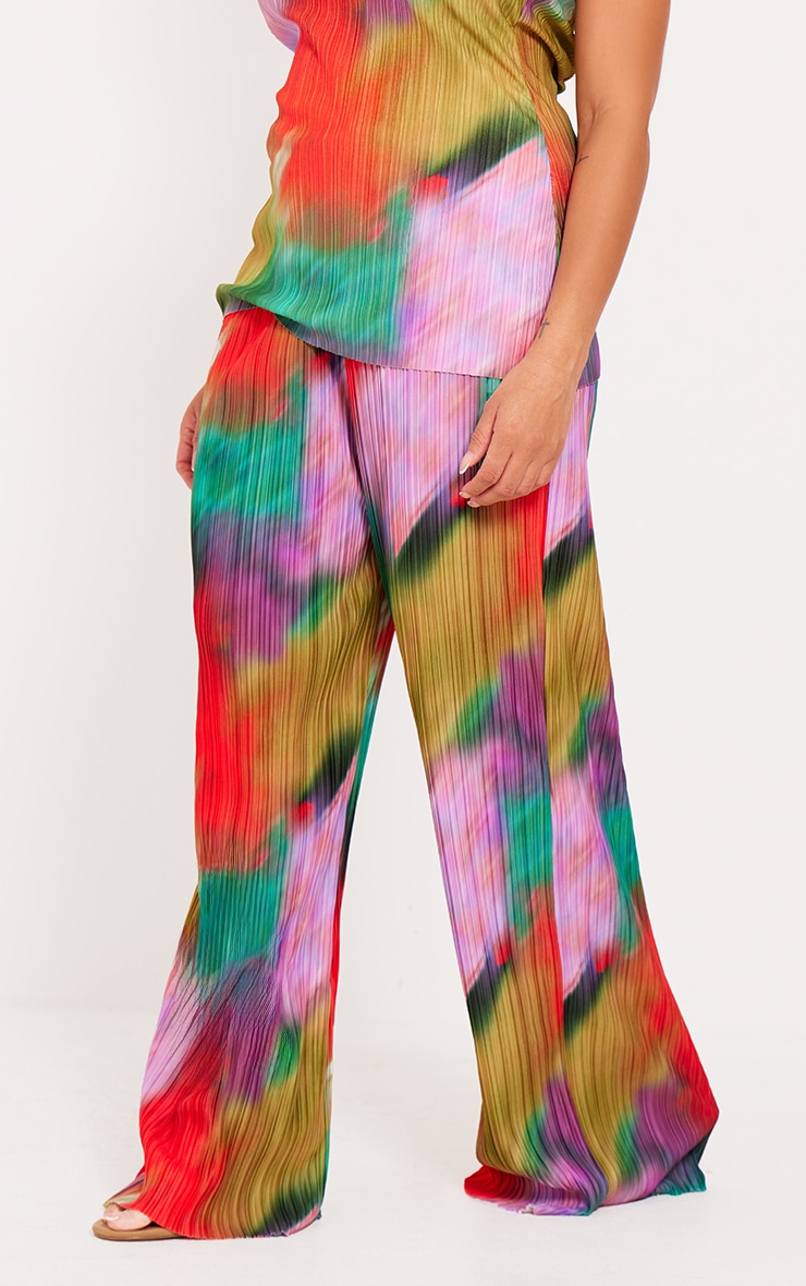 Plus Multi Print Plisse Wide Leg Trousers image 2