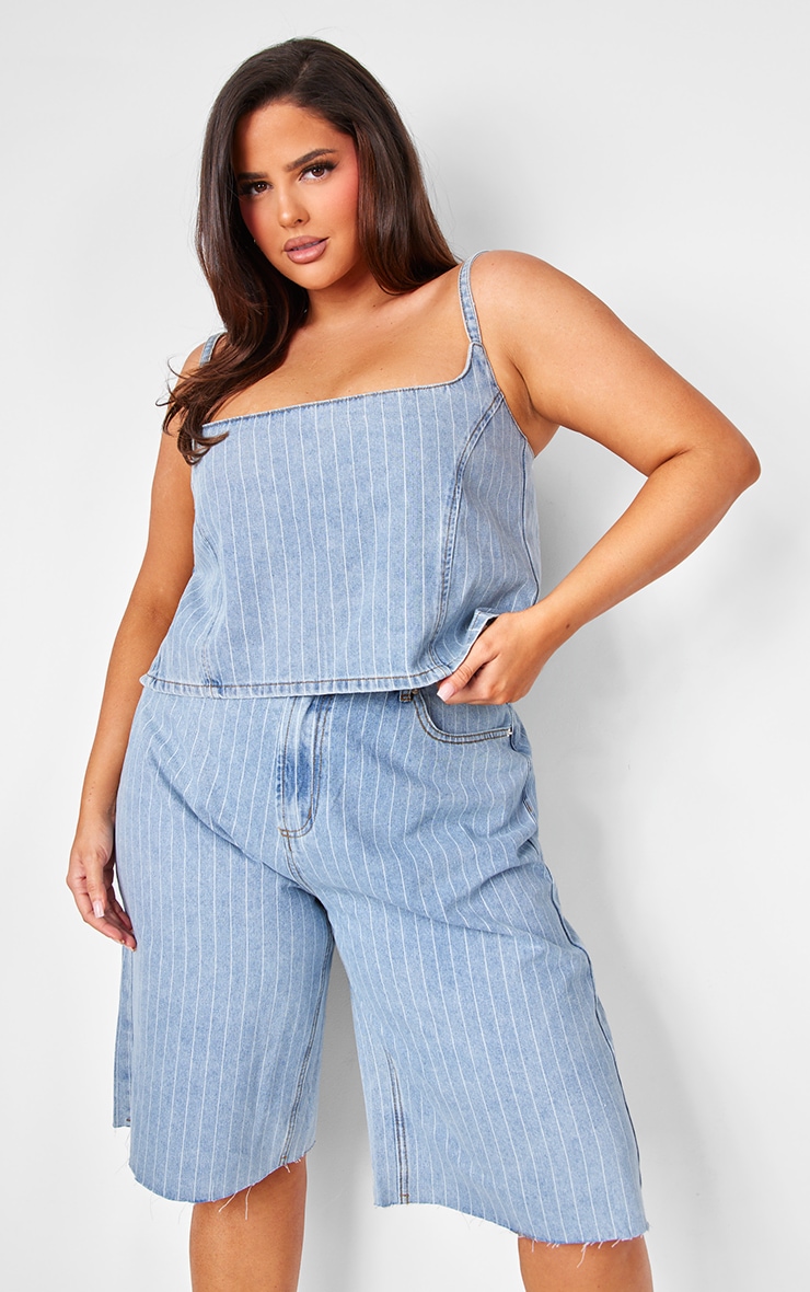 Plus Light Blue Pinstripe Long Line Denim Shorts image 4