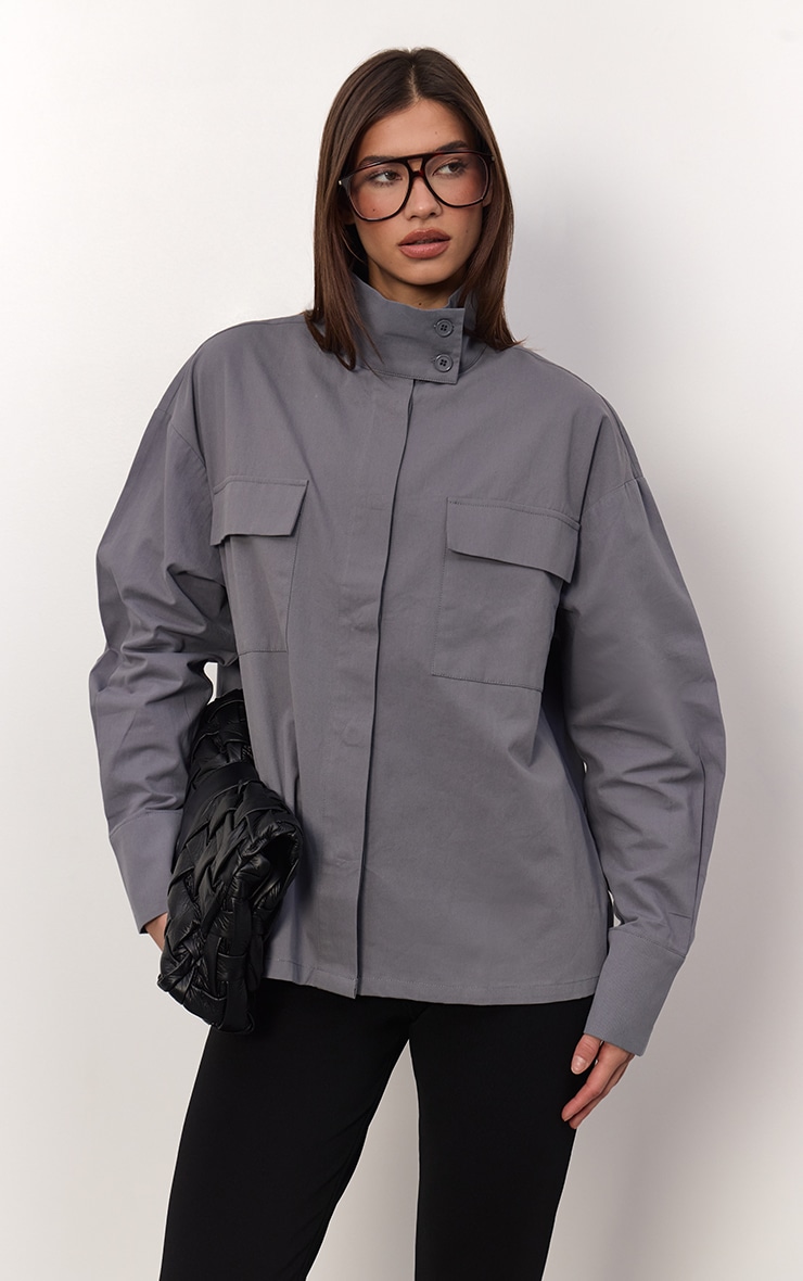 Grey Cotton Funnel Neck Boxy Shirt image 4