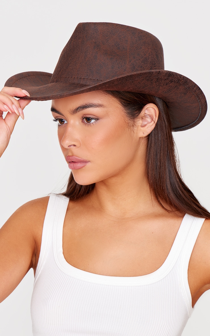 Brown PU Trim Detail Cowboy Hat image 1