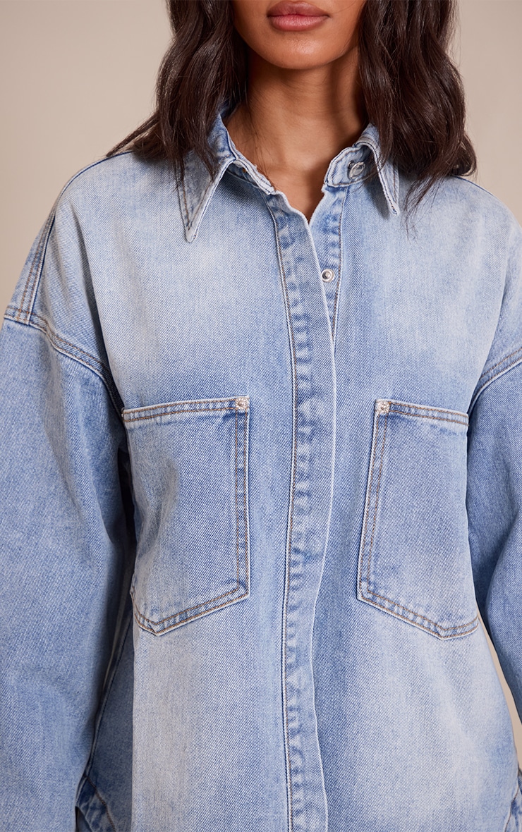 Petite Mid Blue Oversized Denim Shirt image 4