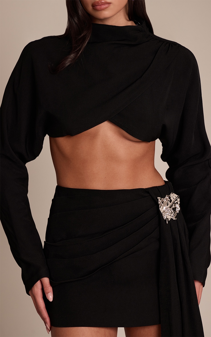 Premium Black Woven Crossover Long Sleeve Crop Top