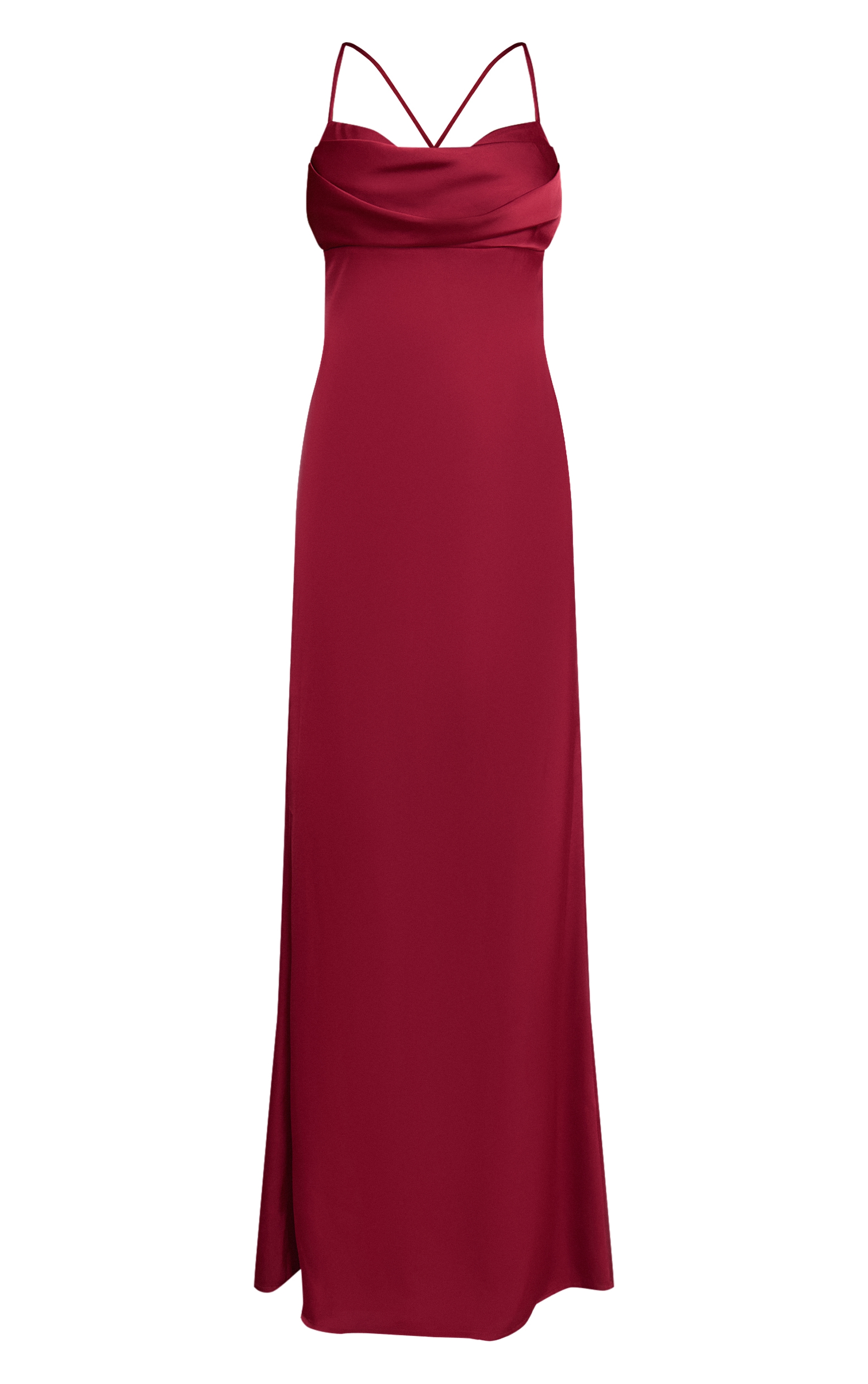 Robe longue satinée rouge vin à bretelles fines et buste drapé image 5