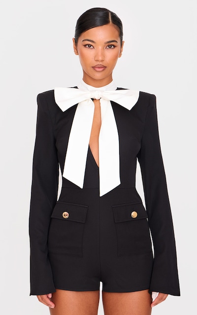 Black Woven Bow Tie Detail Romper