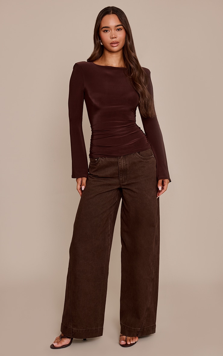 Chocolate Double Layer Slinky Shoulder Detail Long Sleeve Top image 3