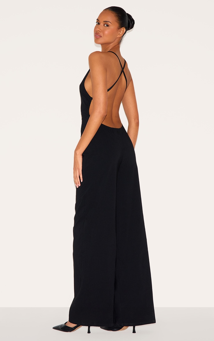 Black Stretch Woven Square Neck Wide Leg Jumpsuit image 2