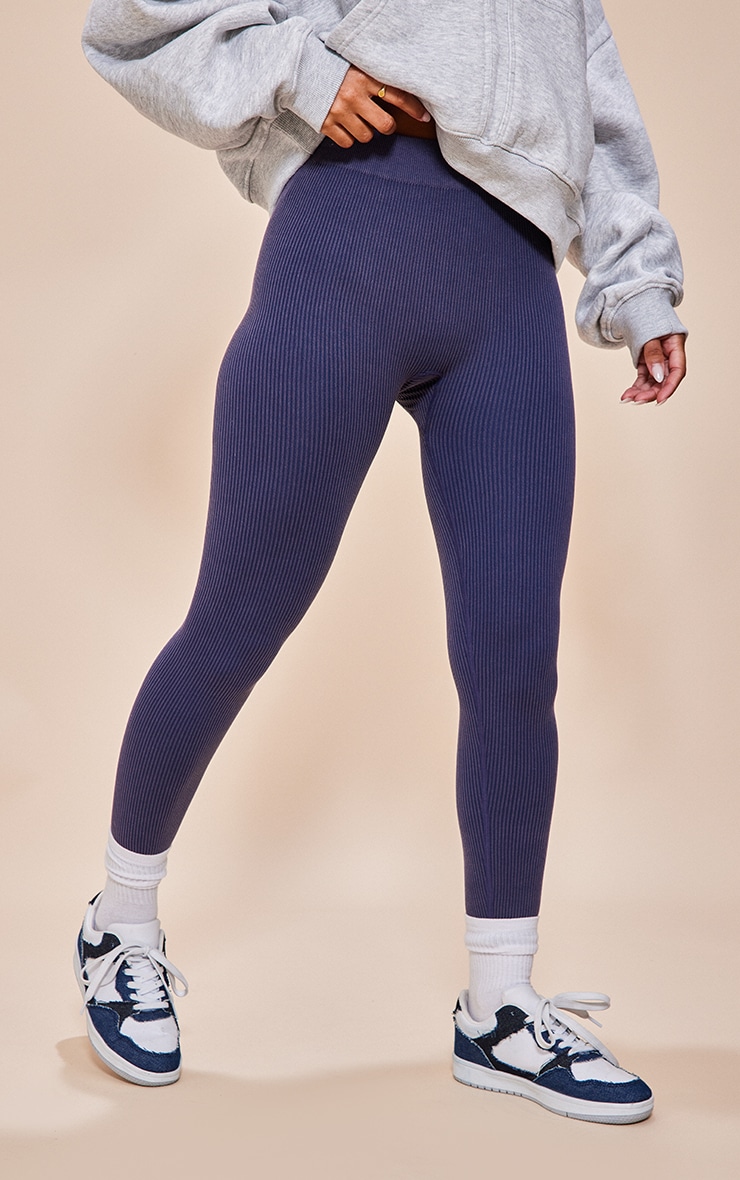 Blue Acid Wash Contour Rib Leggings image 2