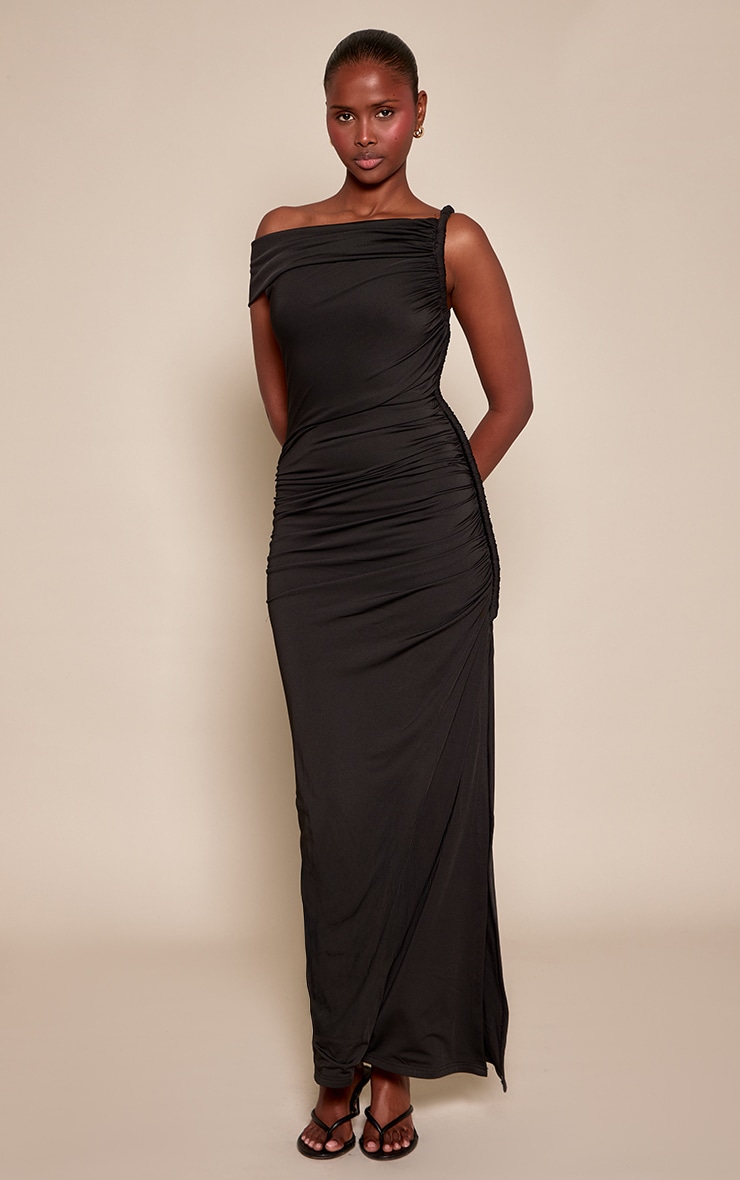Black Slinky Twist Shoulder Detail Maxi Dress image 3