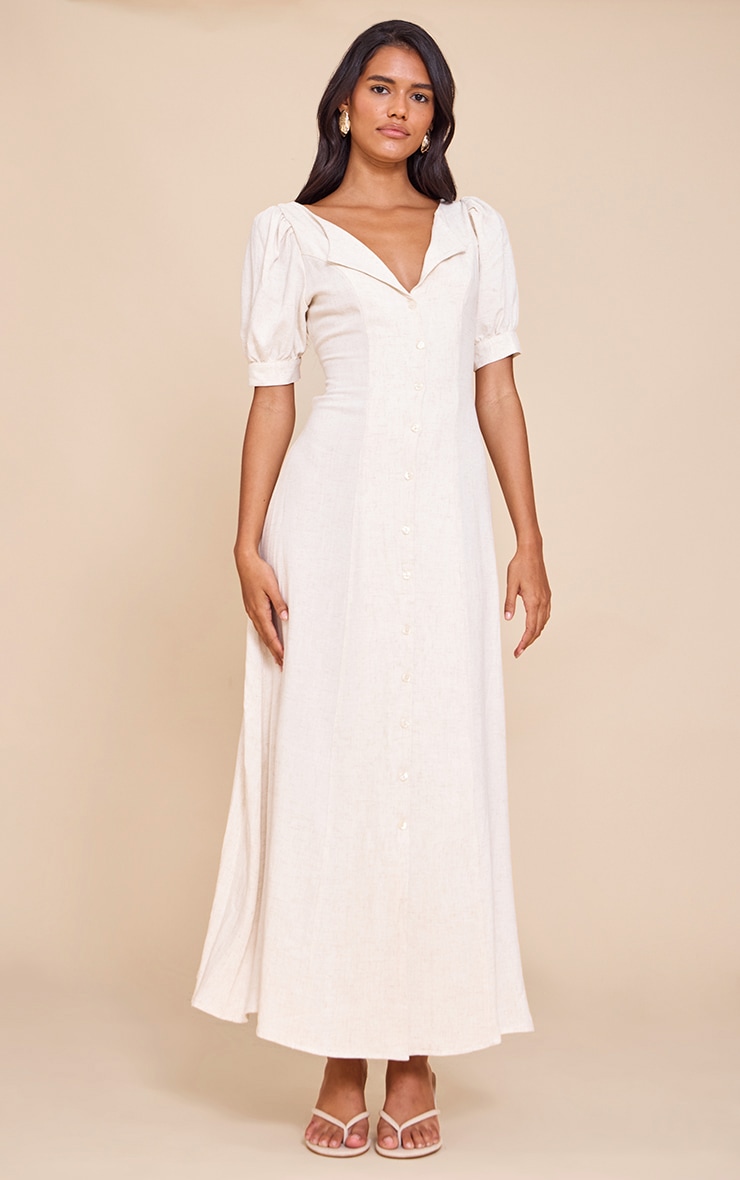 Natural Linen Look Button Puff Sleeve Midaxi Dress image 1