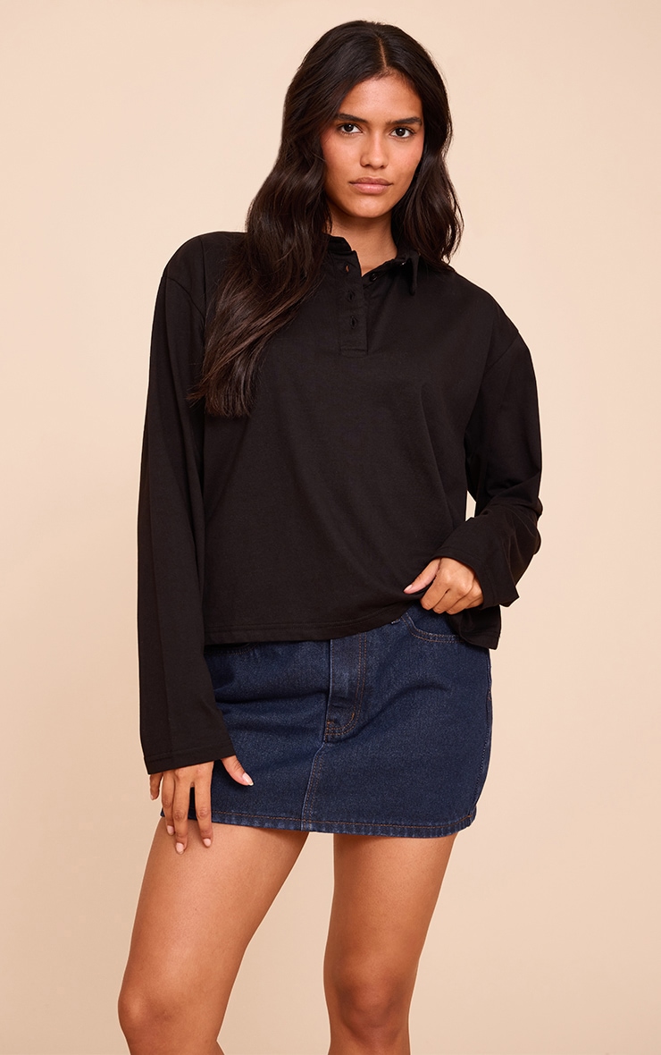 Black Cotton Collar Detail Long Sleeve Top image 1