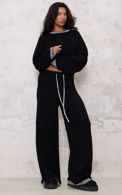 Monochrome Contrast Stitch Detail Knit Drawstring Waist Pants
