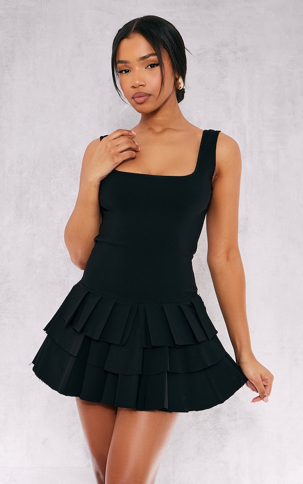 Combishort jupe short tissé stretch noir plissé