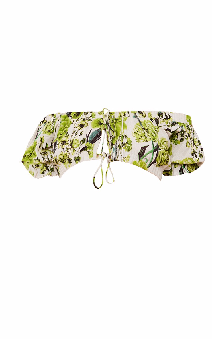 Pale Green Floral Print Puff Ruched Sleeve Tie Crop Top image 4