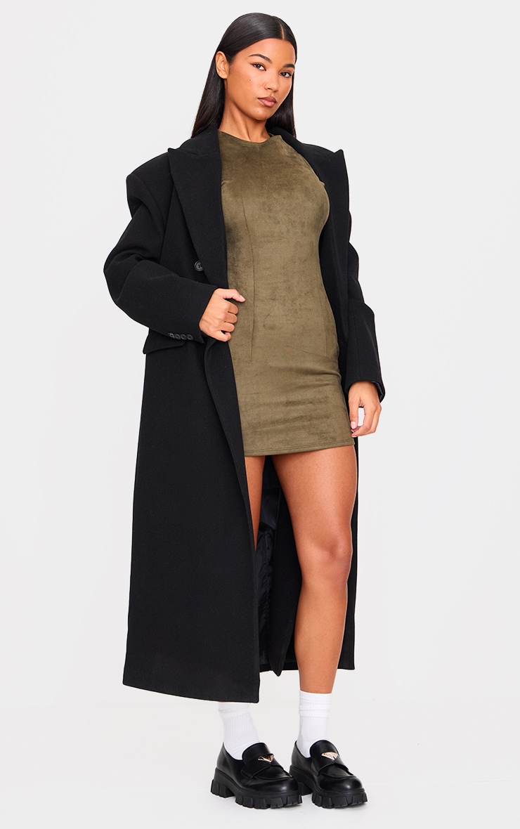 Khaki Faux Suede Boat Neck Bodycon Dress image 3